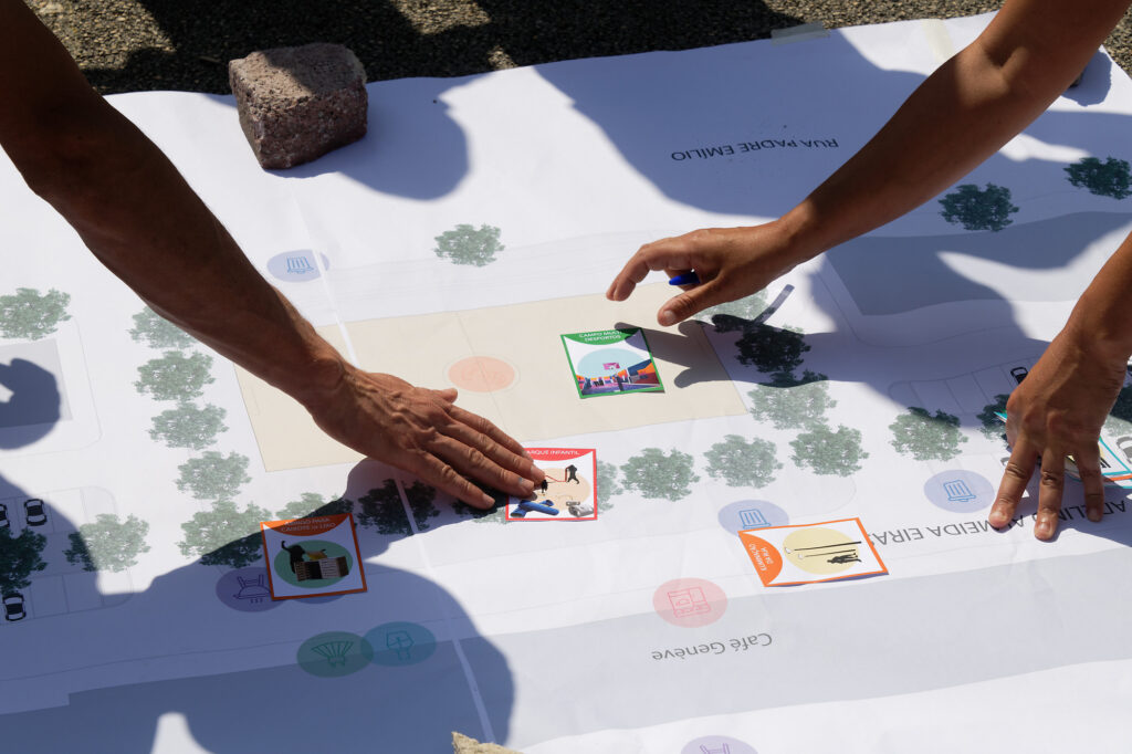 Community selecting the design priorities by playing a game with cards and a board.